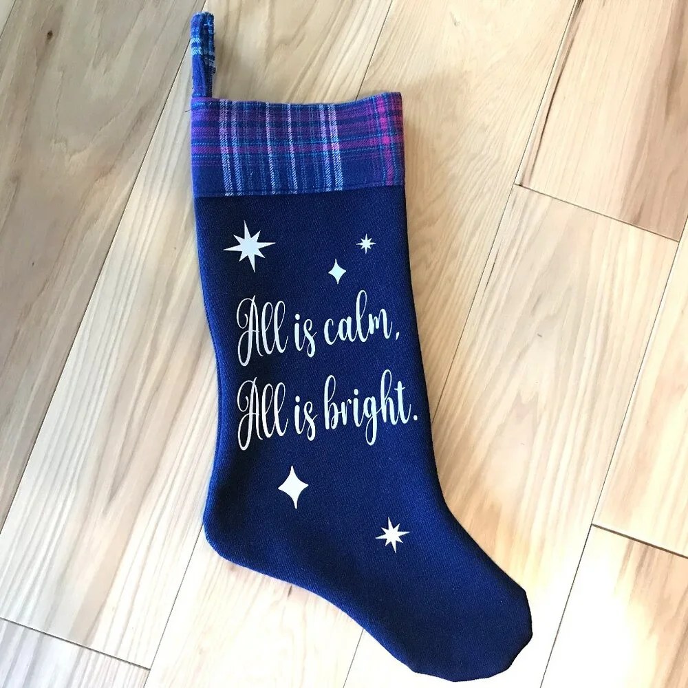 Denim Christmas Stocking, Old Fashioned Holiday Home Decor Silent Night Lyrics